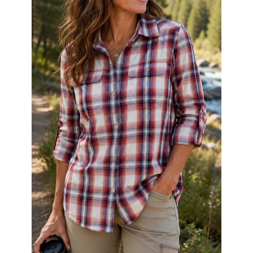 Eddie Bauer Travex Plaid Button Up Shirt Small Classic Fit Roll Tab Outdoor Top